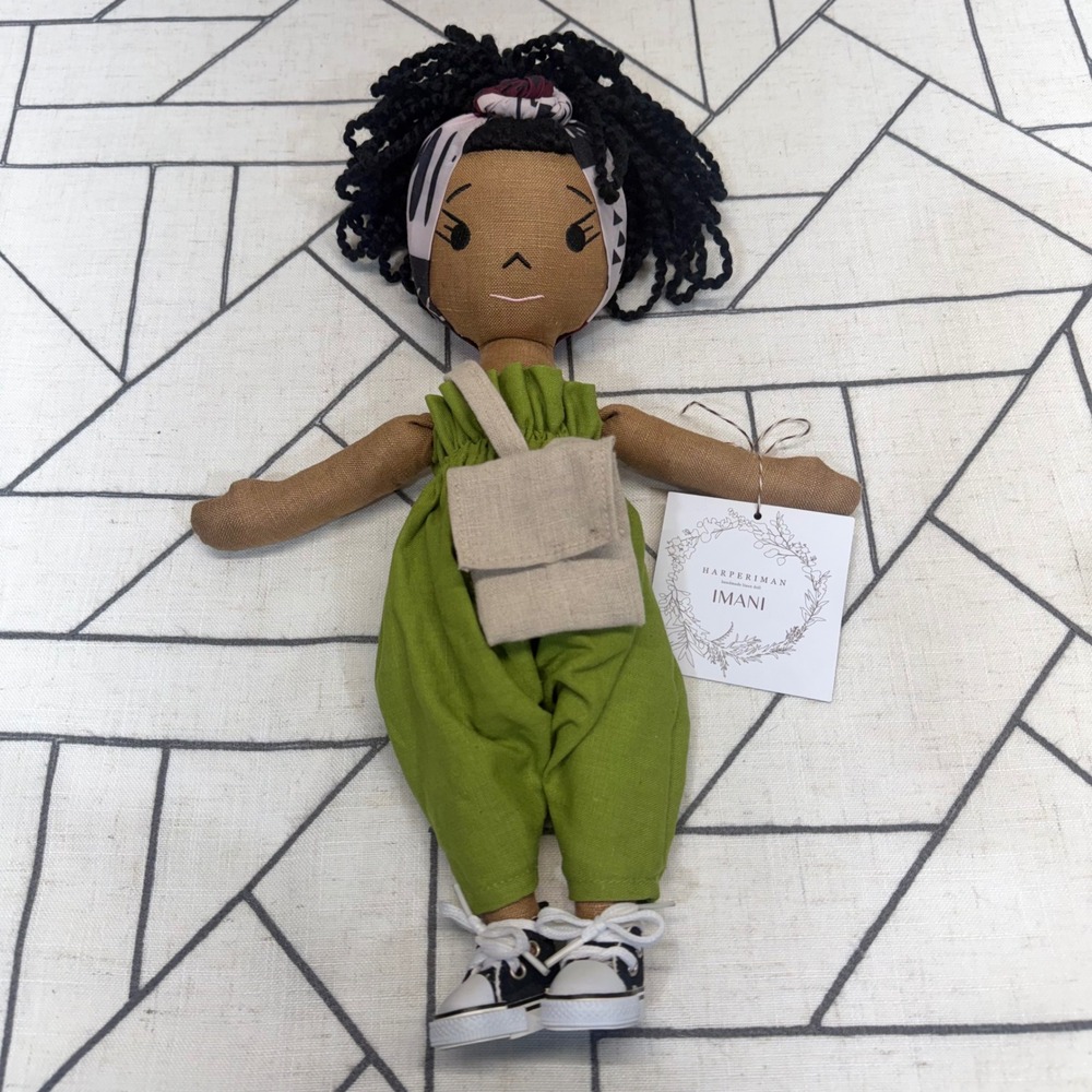 Harperiman Handmade Linen Doll Imani 15" Green Jumpsuit Sneakers NWT